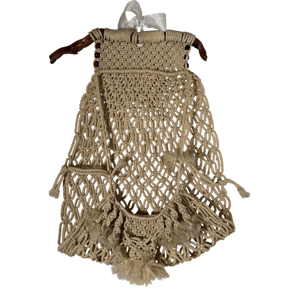 Vintage Boho‎ Beige Macrame Wall Hanging Wood Bead Plant Hanger